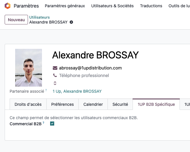 Option Commercial B2B sur une fiche utilisateur Odoo
