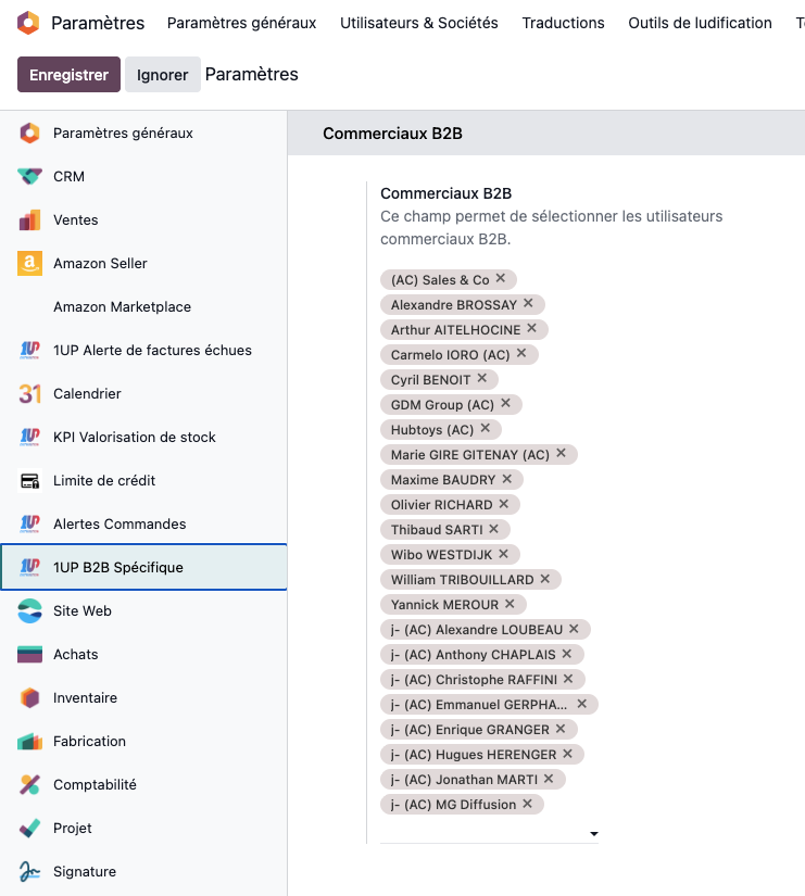Sélection des commerciaux B2B dans les paramètres Odoo