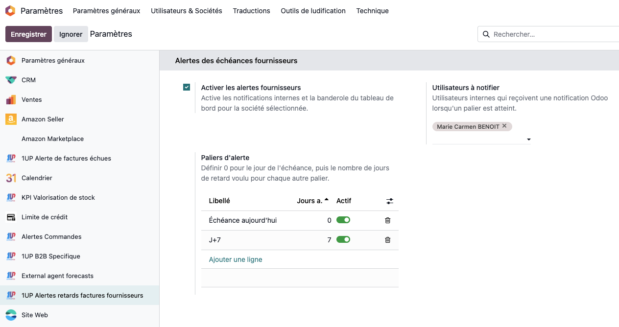 Configuration des paliers et des destinataires des alertes
