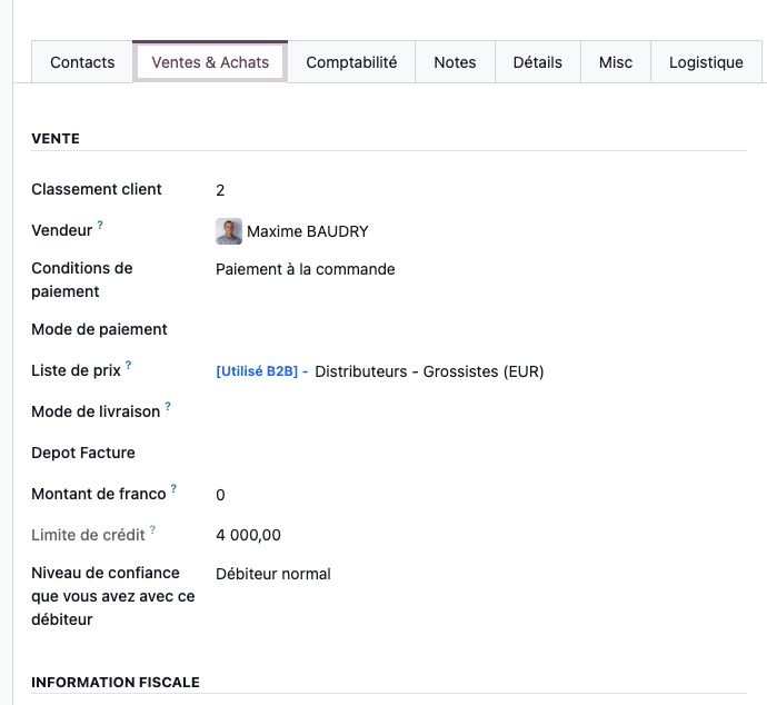Montant de franco spécifique configuré sur une fiche client