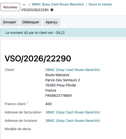 Franco client affiché sur une commande de vente VSO