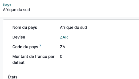 Montant de franco par défaut configuré sur une fiche pays