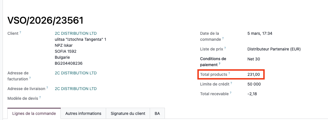 Affichage du total de produits sur un bon de commande