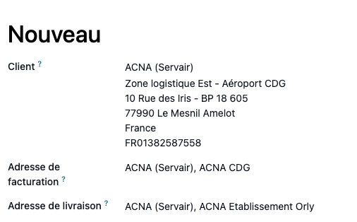 Adresses sélectionnées par défaut lors de la création d’un bon de commande