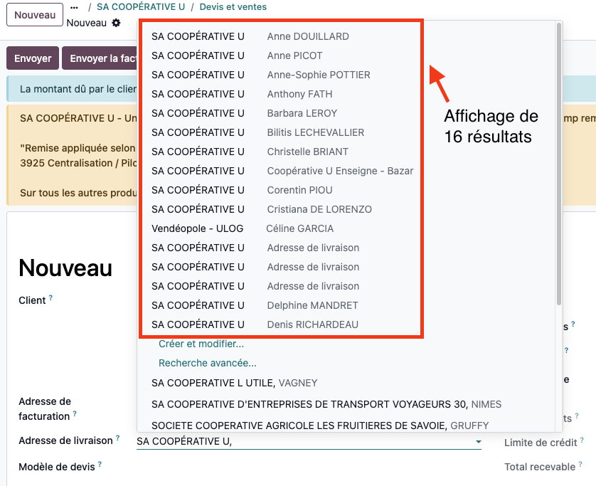 Hausse du nombre de résultats de recherche pour les adresses de livraison et facturation (16 max)