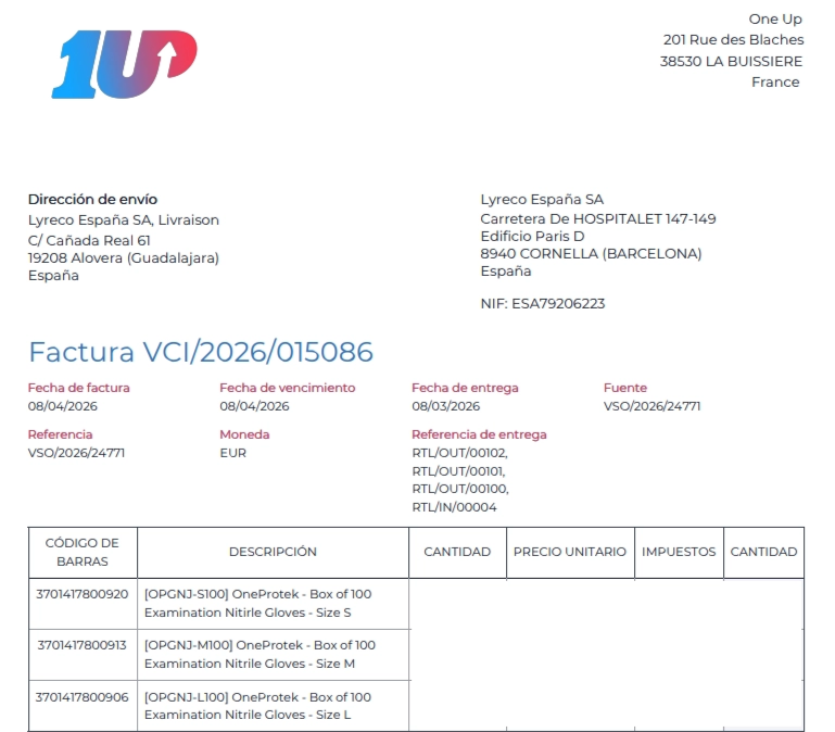 Impression du rapport PDF ‘Facture UE’ avec un client espagnol