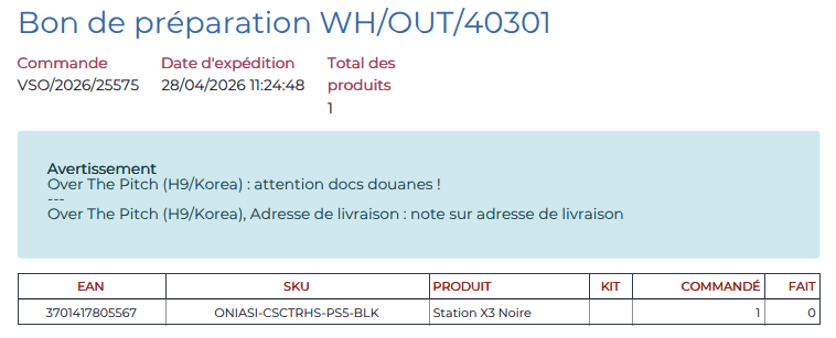 Clarification de la provenance des avertissements sur le bon de préparation imprimé