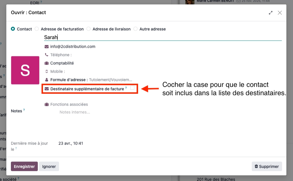 Ajout depuis la page du contact. Préférez l’onglet Comptabilité lorsque vous souhaitez ajouter plusieurs contacts d’un coup. L’option est aussi disponible sur la page de formulaire complète du contact.