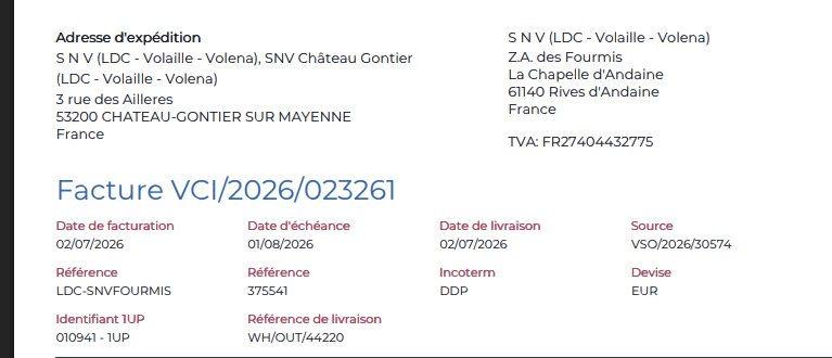 Incoterm affiché sur le PDF d'une facture export