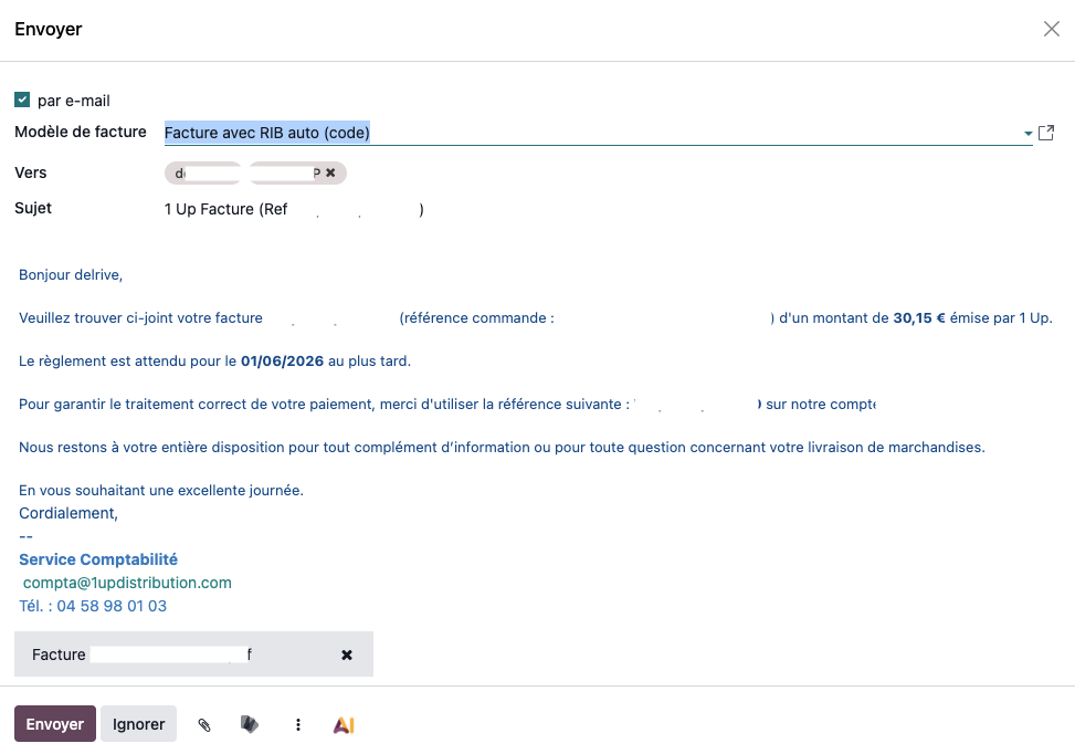 Fenêtre Imprimer et envoyer avec le modèle de facture attendu