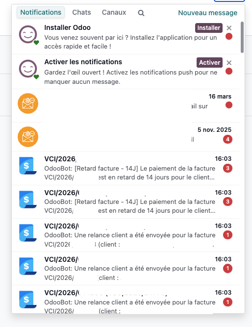 Notification interne Odoo liée à une facture en retard